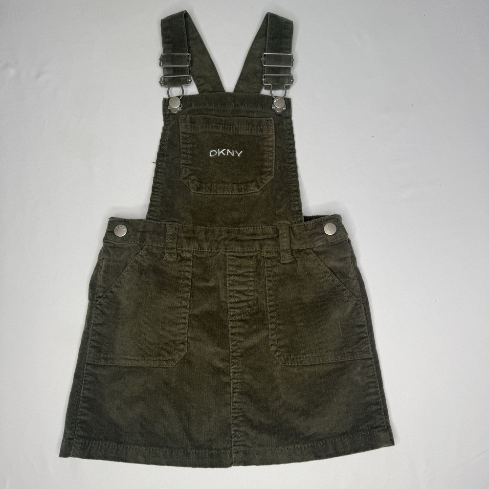 DKNY size 4T jumper dress Corduroy Overalls Dark Green Holiday Skirt Pockets